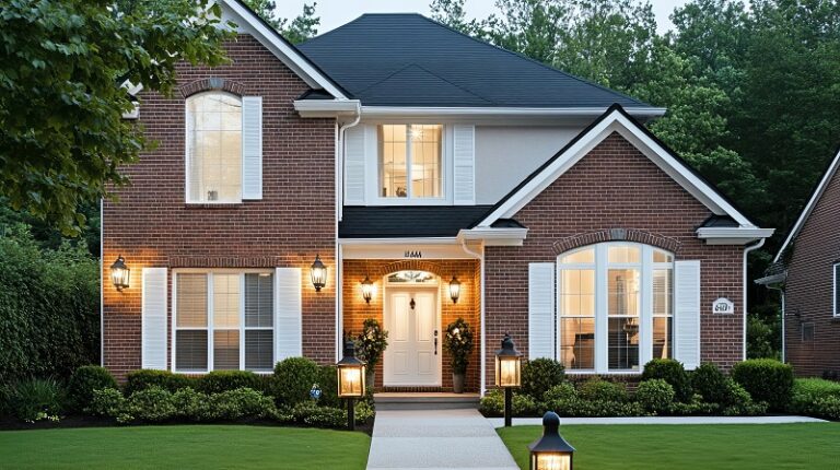 Two-story suburban house with a classic brick exterior, white shutters, and lanterns