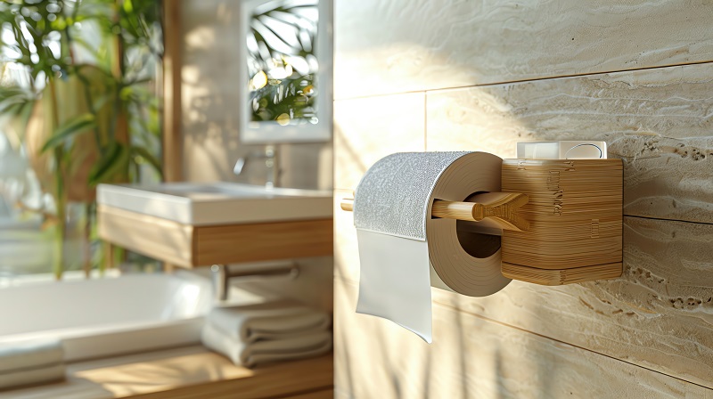 Ecofriendly bamboo toilet paper holder, mounted in bathroom,  more clarity with clear light and sharp focus , high detailed ,